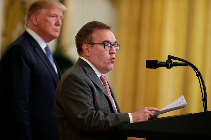 EPA Administrator Andrew Wheeler, right, speaks at a White House event with President Donald Trump. 