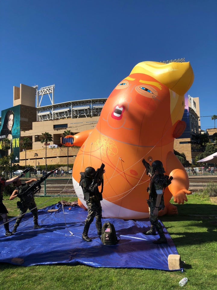 An activist group inflated a giant Trump Baby Blimp across the street from the San Diego Convention Center, where it got lots