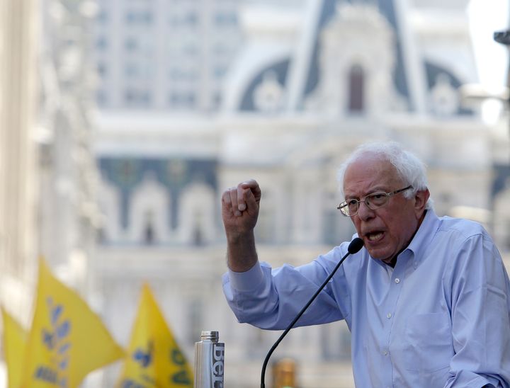 Sen. Bernie Sanders (I-Vt.) addresses a rally of union workers fighting the closure of a Philadelphia hospital on Monday. Support for unions is a hallmark of his campaign.