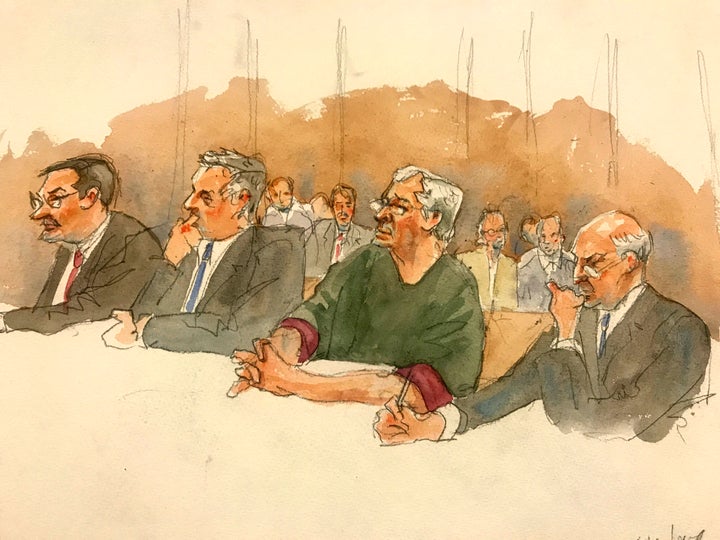 In this courtroom sketch, defendant Jeffrey Epstein, second from right, listens along with defense attorneys as a judge denie