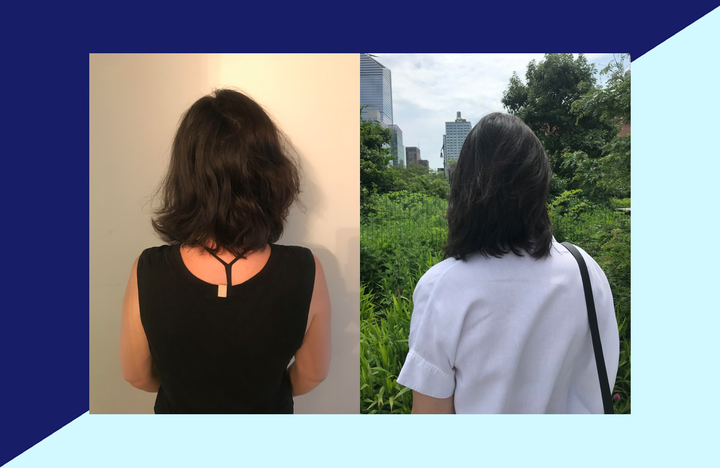 The author's hair, before and after. Before using Living Proof's Perfect Hair Day 5-in-1 treatment (left), after using the styling treatment (right). 