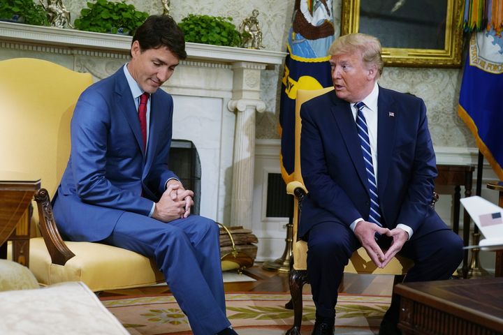 Justin Trudeau, left, and Donald Trump, right, meet in the Oval Office in Washington, D.C. on June 20, 2019.