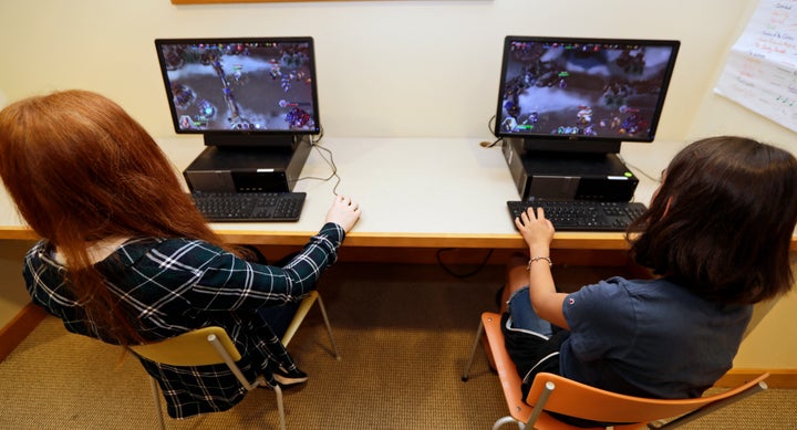 Claire Hofstra, left, and Kaila Morris play "Heroes of the Storm," at Hathaway Brown School, Wednesday, July 10, 2019, in Sha