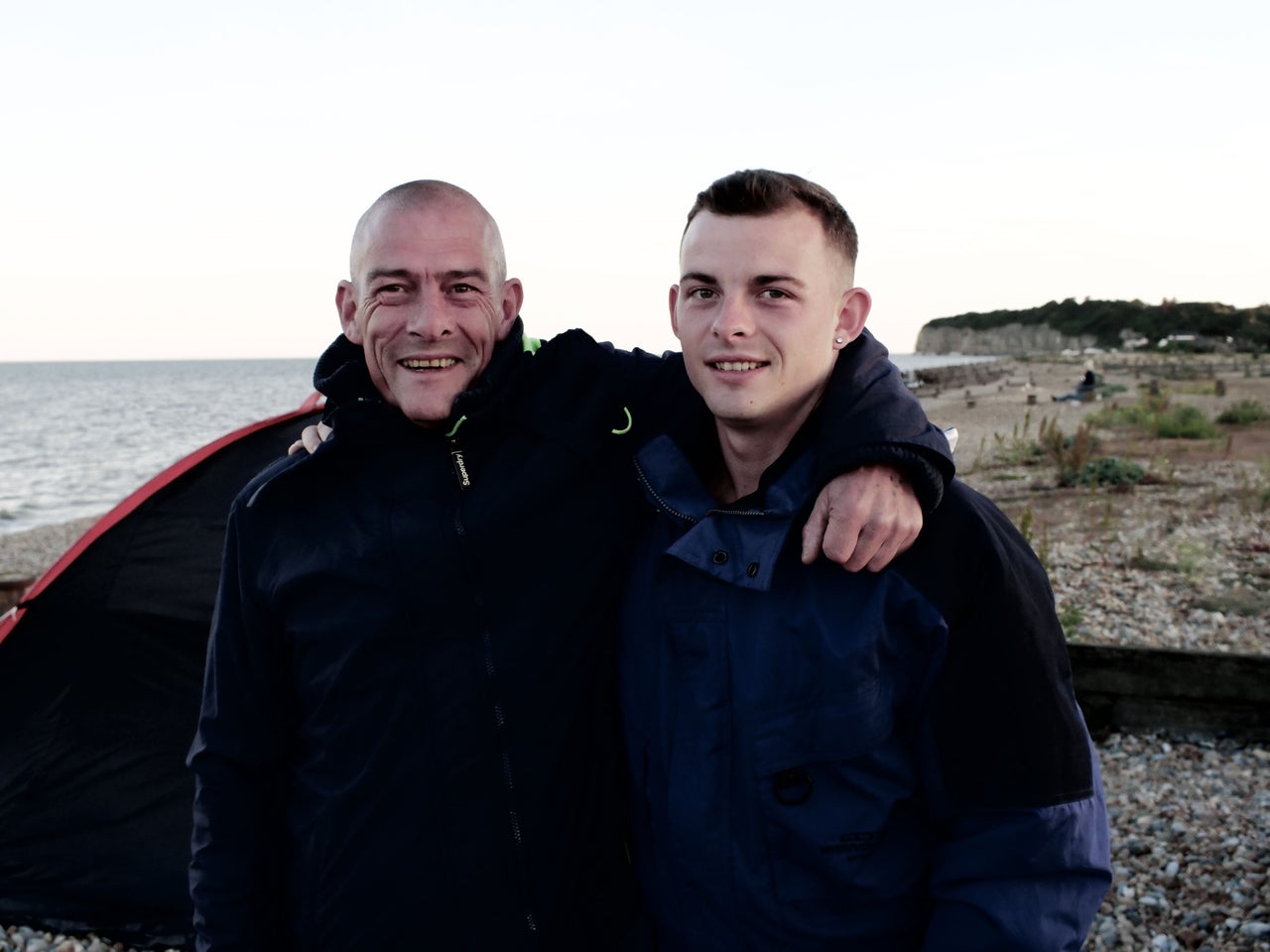 Steve and Billy on Pett Level beach where they camped on and off for two years.