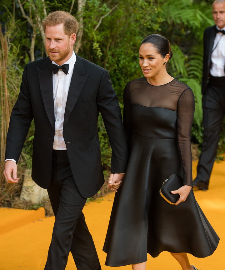 The Duke and Duchess of Sussex attend "The Lion King" European premiere at Leicester Square on July 14 in London. 