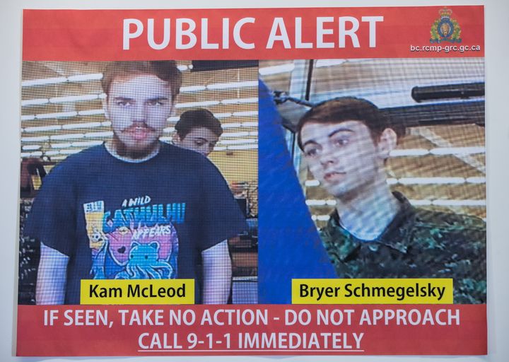 Security camera images recorded in Saskatchewan of Kam McLeod, 19, and Bryer Schmegelsky, 18, are displayed during an RCMP news conference in Surrey, B.C., on Tuesday.