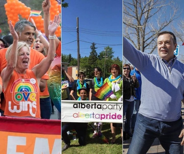 Alberta NDP leader Rachel Notley at Calgary Pride in 2018, members of the Alberta Party at a 2018 Edmonton Pride event and Alberta UCP leader and Premier Jason Kenney at a rally. 