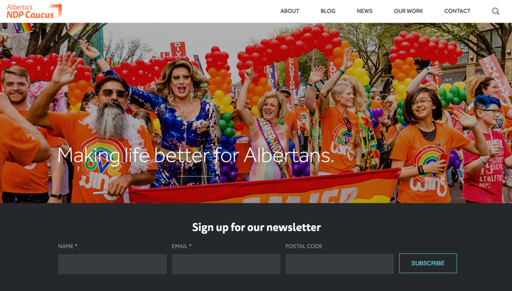 A screenshot of the front page of the official Alberta NDP caucus website.