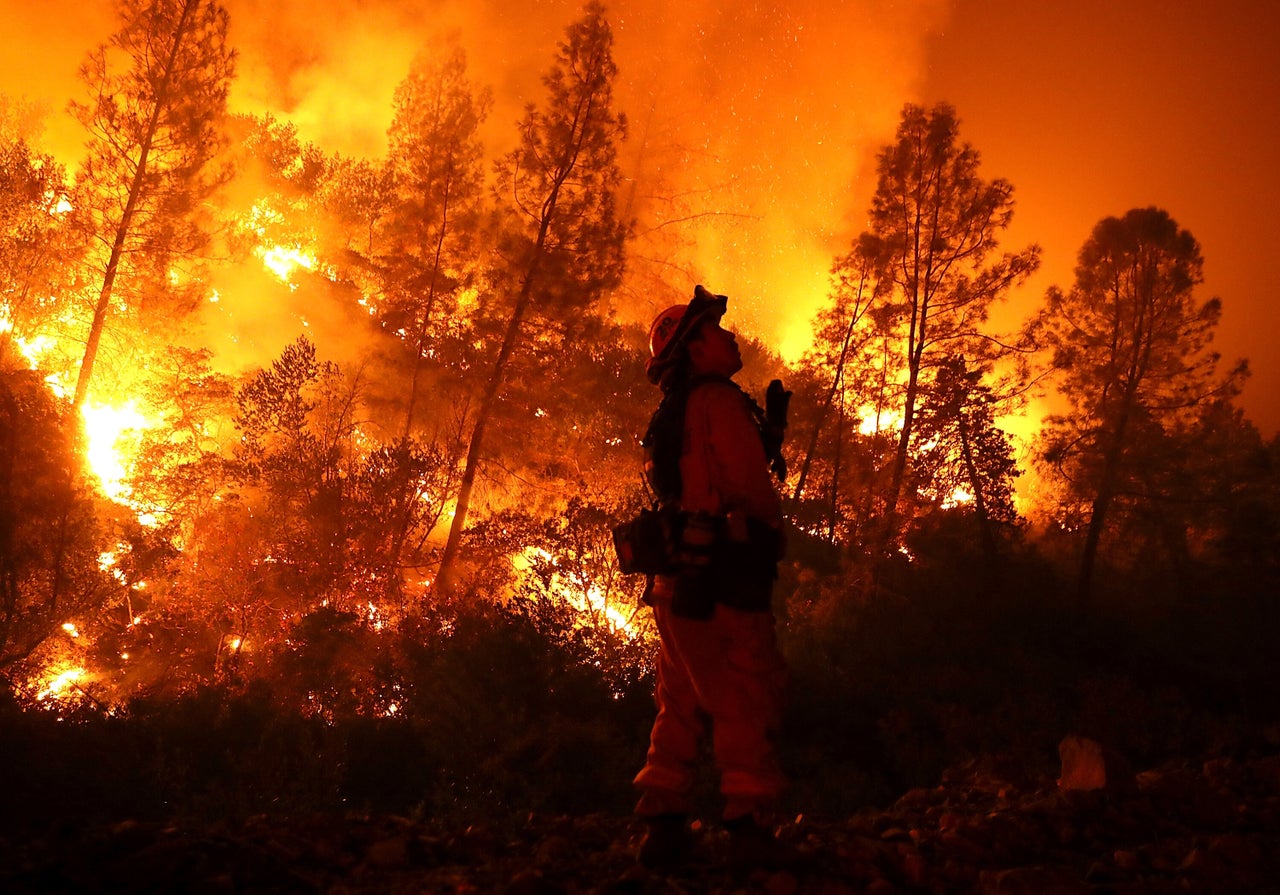 A firefighter battling the Mendocino Complex fire on August 7, 2018, near Lodoga, California.