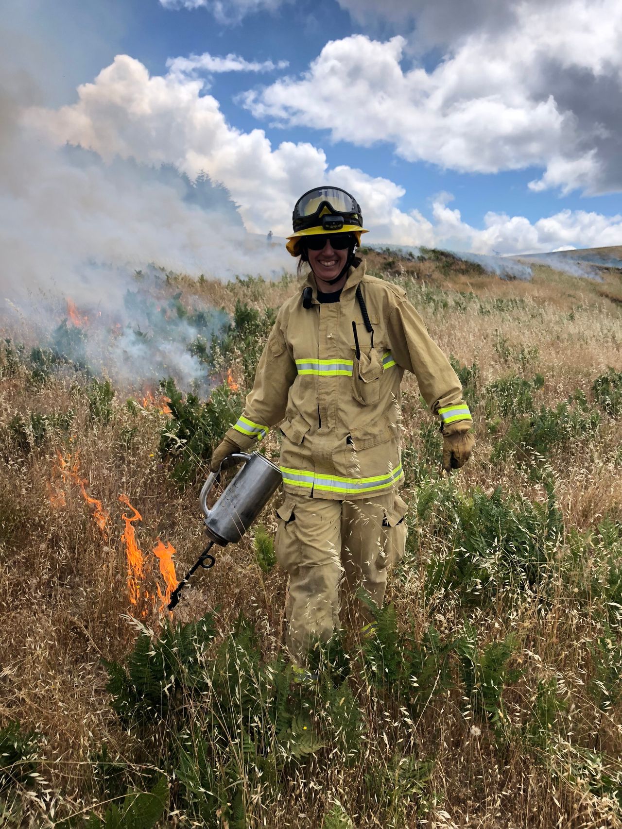 Jennifer Renner, local veterinarian and volunteer firefighter, on a PBA burn in late June 2019.