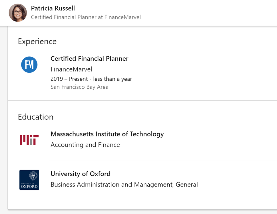 Patricia Russell's LinkedIn profile, complete with a stock photo (but not the Yale experience she claims on her bio).