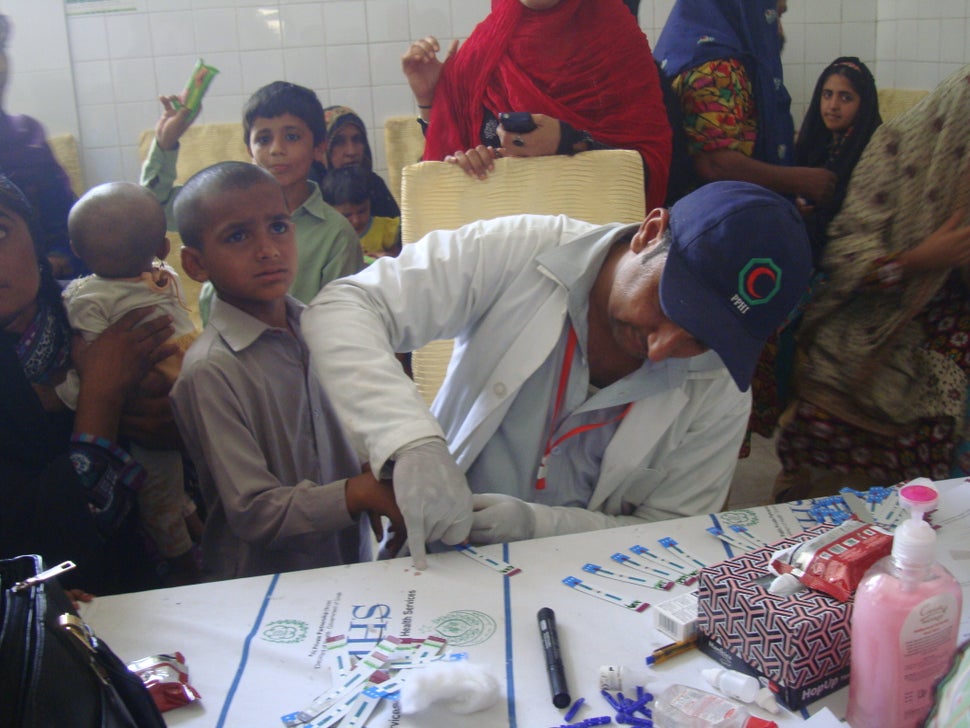 <i>A child gets tested at a screening camp in Ratodero, Larkana District, Sindh.</i>