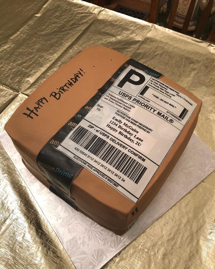 The realistic-looking shipping label and box tape are both edible.