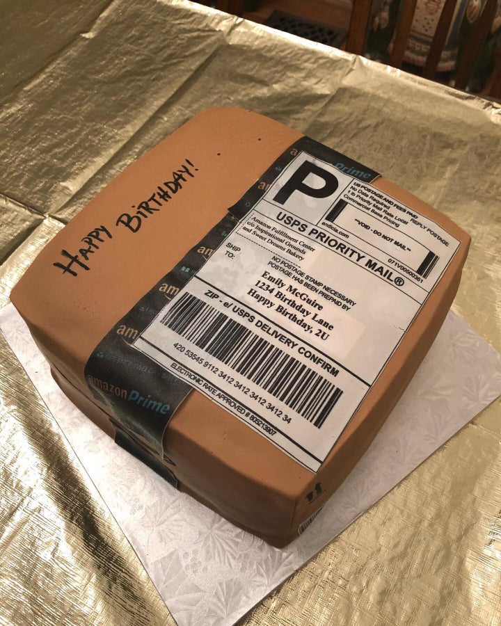 The realistic-looking shipping label and box tape are both edible.