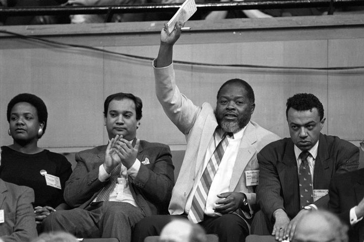 [L-R] Diane Abbott, Keith Vaz, Bernie Grant and Paul Boateng shortly after being elected in 1987
