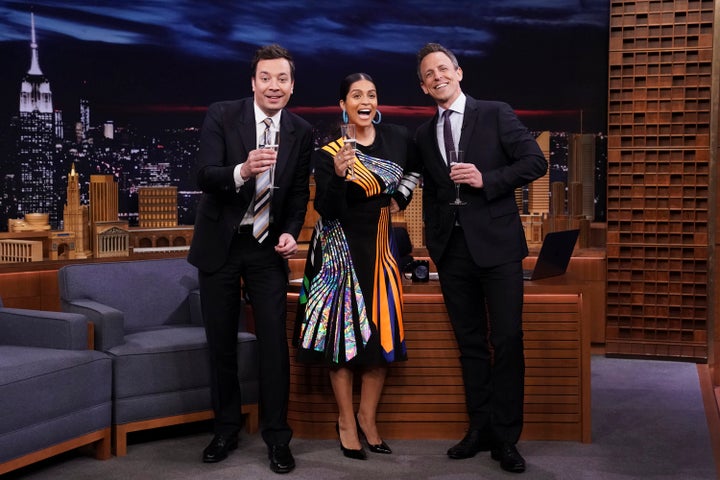 Lilly Singh (center), with fellow NBC hosts Jimmy Fallon (left) and Seth Meyers (right).