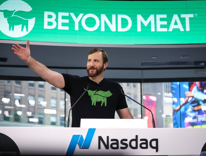 Beyond Meat CEO Ethan Brown speaks before ringing the opening bell at Nasdaq on May 2. The company was valued at about $1.5 billion when it went public and skyrocketed to $3.77 billion a day later.