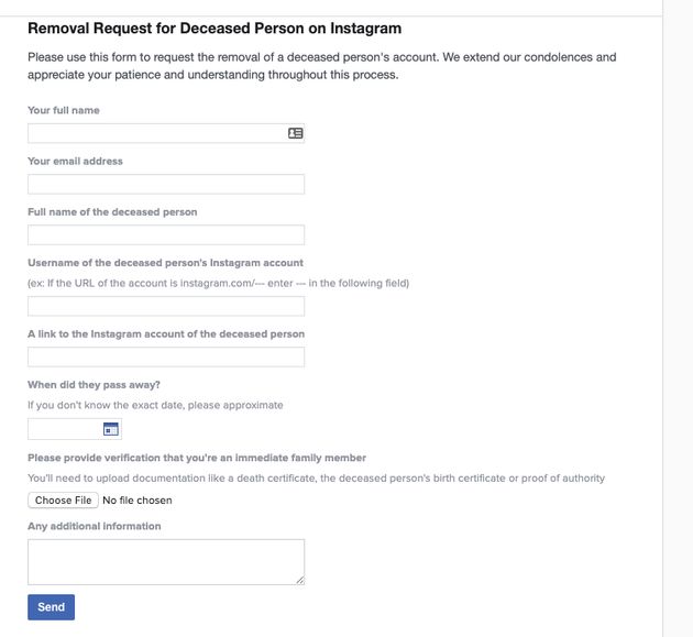 Instagram's form for removing an account requires you to provide documentation of the deceased person's death.  