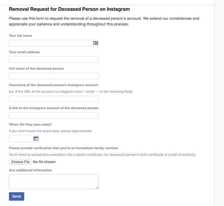 Instagram's form for removing an account requires you to provide documentation of the deceased person's death. 