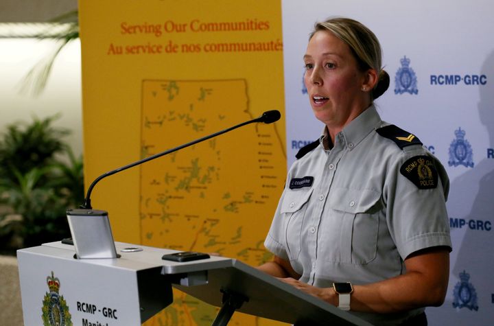 RCMP Cpl. Julie Courchaine addresses the media during a news conference in Winnipeg on July 24, 2019. She says police are trained to deal with searches in harsh conditions.