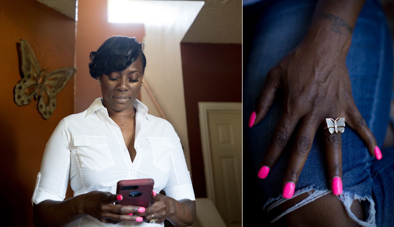 LEFT: Crystal Mason, 44, checks in with the halfway house where she is living to let them know she has made it safely to her home in Rendon, Texas. RIGHT: Mason's diamond butterfly ring. She likes butterflies, she says, because they symbolize new beginnings.