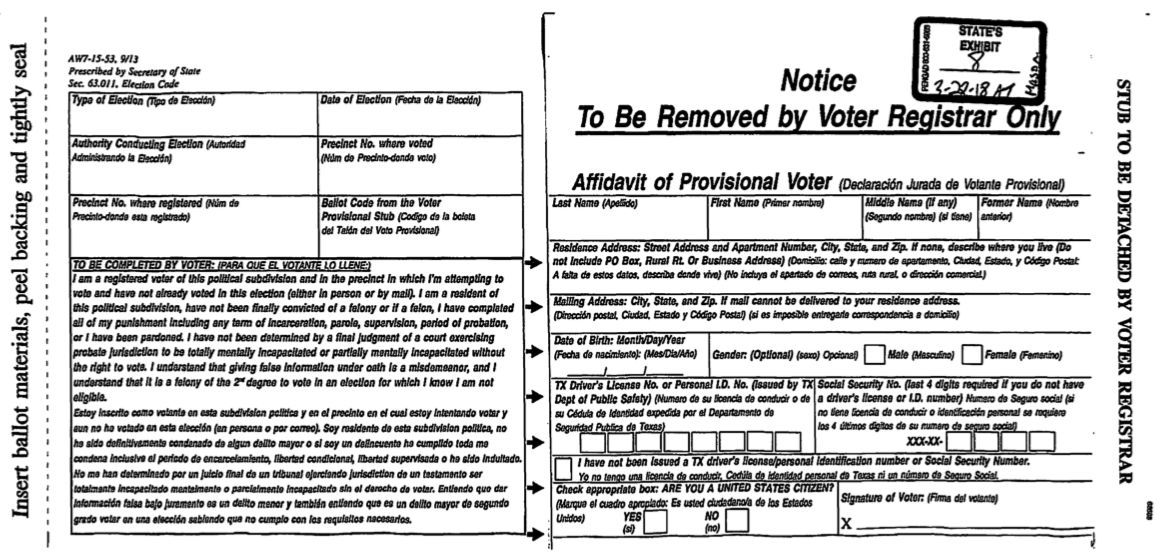 Mason filled out a provisional ballot like this one when she tried to vote in the 2016 election. She said she didn't see the warning on the left side about who was and wasn't eligible to vote.