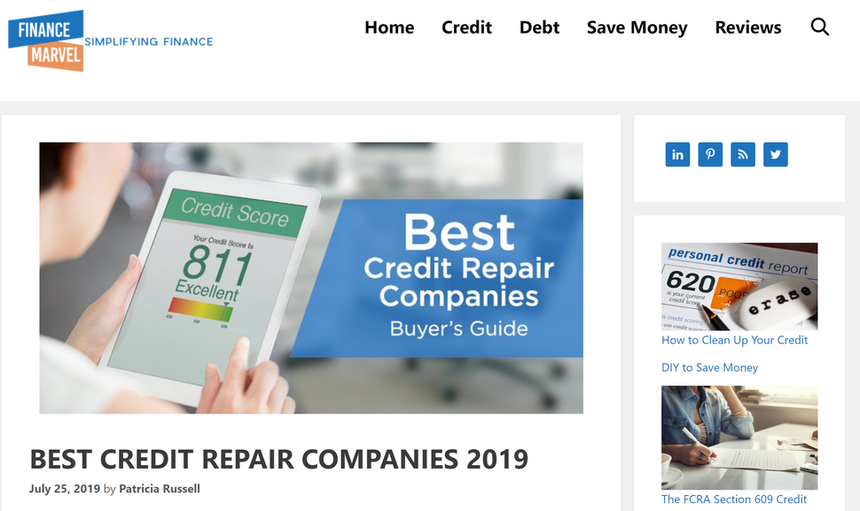 FinanceMarvel heavily promotes credit repair companies.