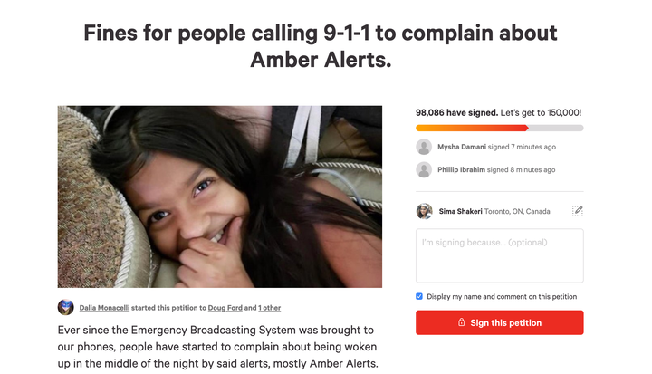 A screenshot of the change.org petition calling for people to be fined if they call 911 to complain about Amber Alerts.