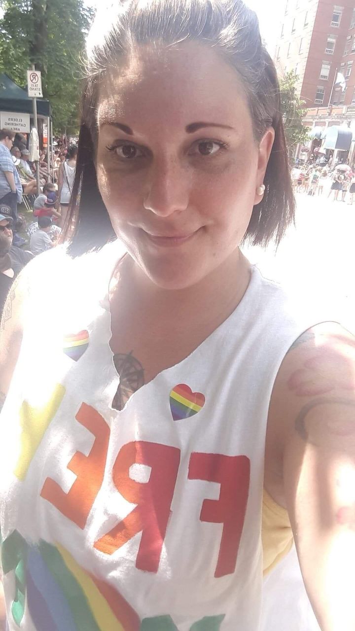 Kristy Fournier wearing her "free hugs" shirt at Halifax Pride on July 20.