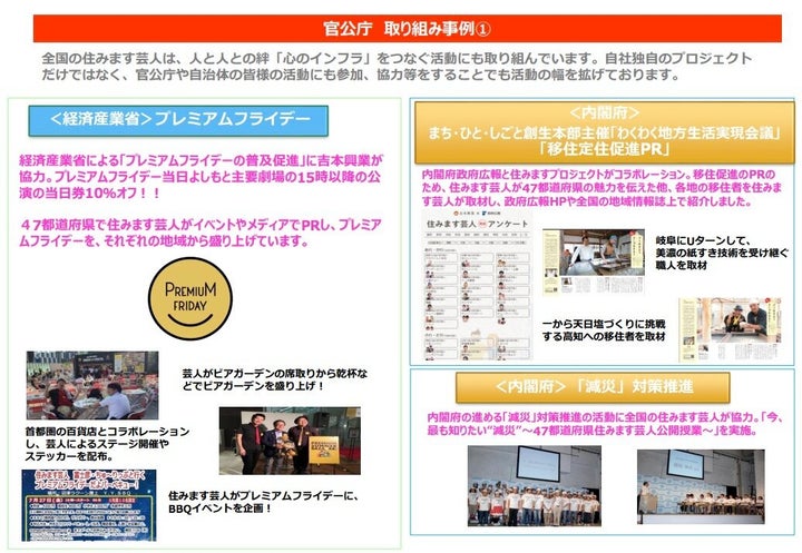 プレミアムフライデーや地方への移住促進など、官公庁の活動のPRを数多く手がけている吉本興業。