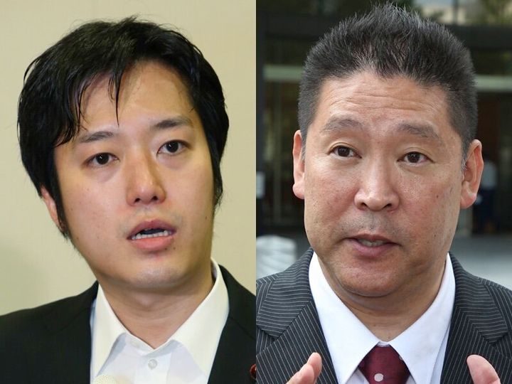 丸山穂高衆院議員（左）と「NHKから国民を守る党」の立花孝志代表