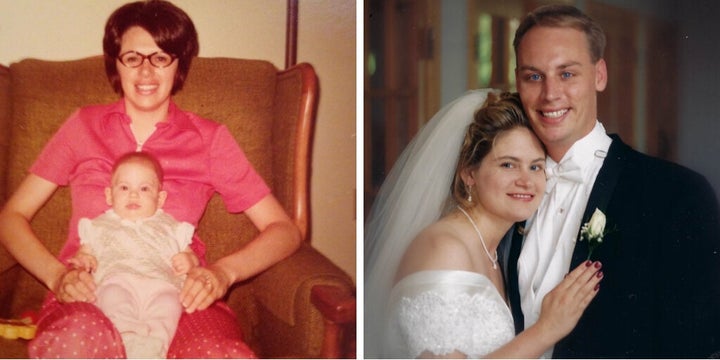 Writer Julie Hoag and her mother (left) and the writer on her wedding day.