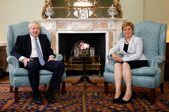 Scotland's first minister Nicola Sturgeon with prime minister Boris Johnson in Bute House in Edinburgh ahead of their meeting.