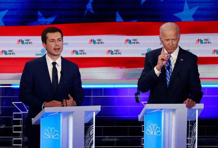 Pete Buttigieg and Joe Biden on June 27, the second night of the first Democratic presidential primary debate leading up to the 2020 election.