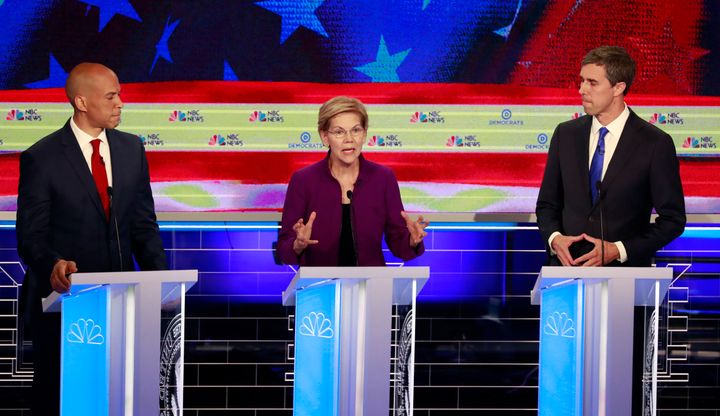 Cory Booker, Elizabeth Warren and Beto O'Rourke on June 26, the first night of the first Democratic presidential debate.