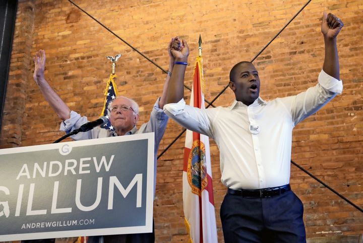 Sen. Bernie Sanders (I-Vt.), left, campaigns for then-Democratic gubernatorial hopeful Andrew Gillum. Sanders' involvement in primaries is a selling point for his supporters.