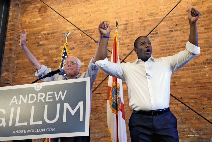 Sen. Bernie Sanders (I-Vt.), left, campaigns for then-Democratic gubernatorial hopeful Andrew Gillum. Sanders' involvement in primaries is a selling point for his supporters.