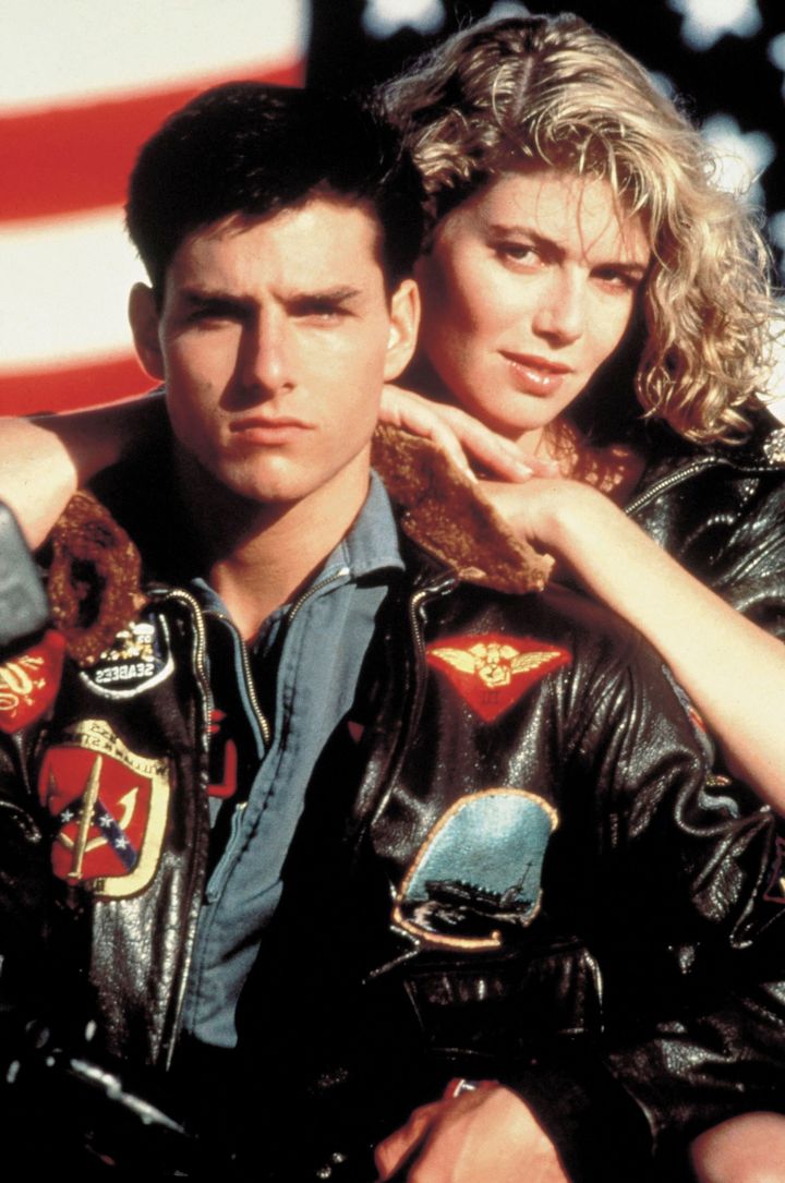 Tom Cruise and Kelly McGillis on the set of Top Gun in 1986.