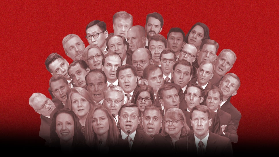 Donald Trump's appeals court judges, pictured here, are overwhelmingly white and male.