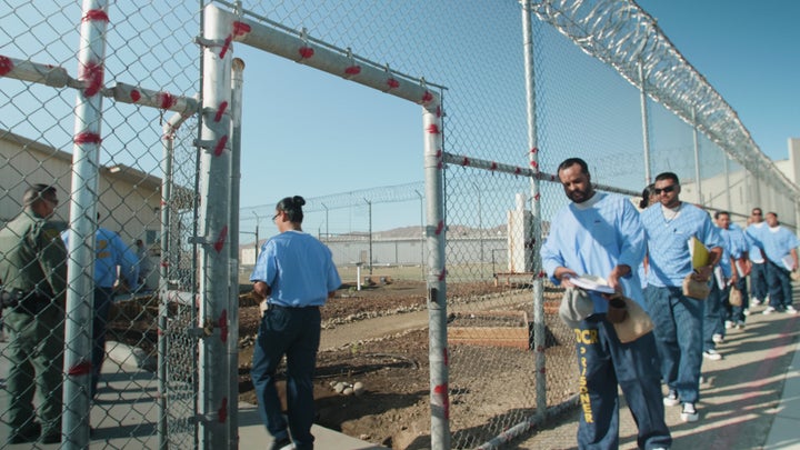 Inmates entering the GRIP training room at Avenal State Prison.