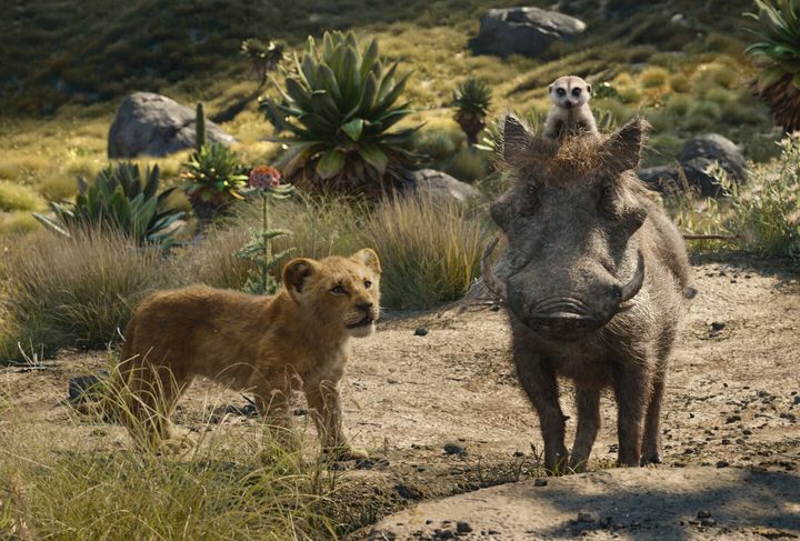 Simba, Timon and Pumbaa in Jon Favreau's "The Lion King."
