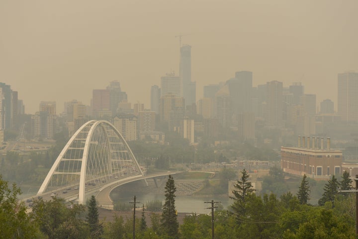 A view of Edmonton's smoke-filled city centre on Wednesday, August 22, 2018.