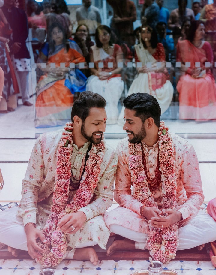 The grooms before they performed the Hindu wedding custom of the four "pheras:" walking in a circle around a sacred fire four times to represent different life goals.