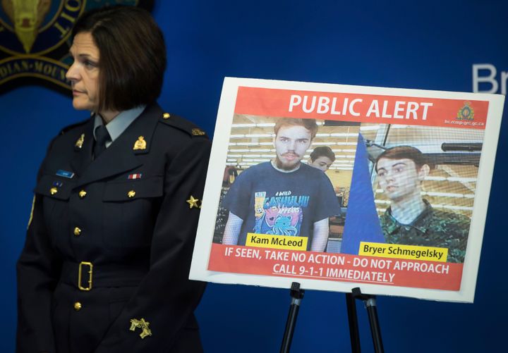Security camera images recorded in Saskatchewan of Kam McLeod, 19, and Bryer Schmegelsky, 18, are displayed during an RCMP news conference in Surrey, B.C., on Tuesday.