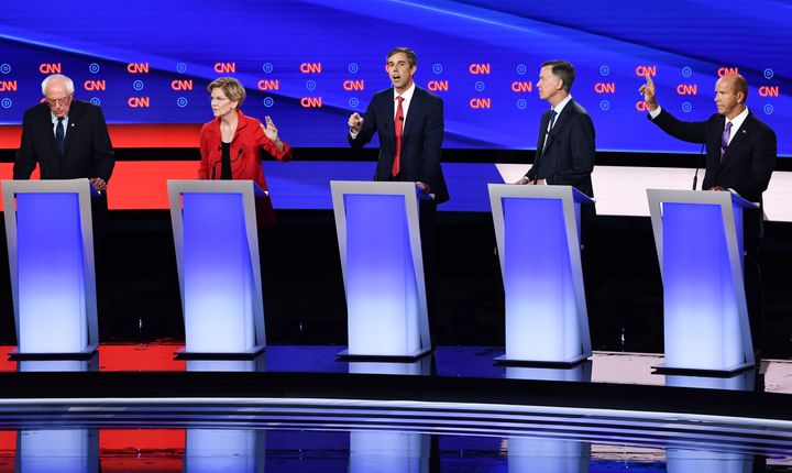 The CNN questioners in Tuesday's debate among 10 Democratic presidential candidates gave a lot of airtime to moderates who are far behind in the polls, such as former Colorado Gov. John Hickenlooper (second from right) and former Rep. John Delaney of Maryland (far right).
