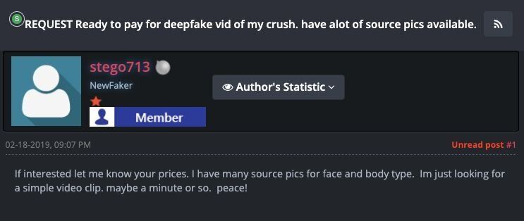 匿名で、ディープフェイクポルノを発注する人物。「好きな相手のディープフェイクを作って欲しい、写真はたくさんある」と書き込まれている。