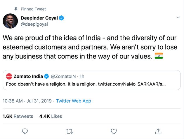 Zomato Founder Had The Best Response For Customer Who Complained About A Muslim Delivery