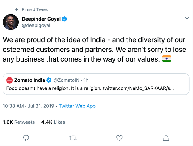 Zomato Founder Had The Best Response For Customer Who Complained About A Muslim Delivery