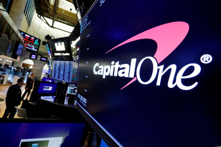 A monitor displaying Capital One's logo appears on the floor of the New York Stock Exchange on July 30, 2019.