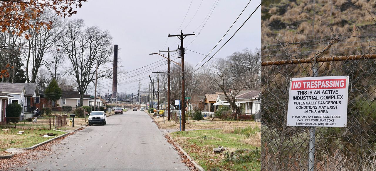 Left: In Harriman Park, residents have a clear view of industry. Right: Across from Keisha Brown's house, a sign warns people of potentially dangerous conditions.